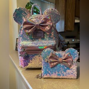 Loungefly Disney Planet UV Reactive Pink Iridescent Sequin Backpack & Wallet